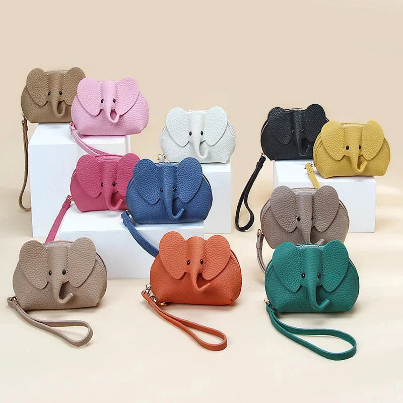 Candy Color Coin Purse Genuine Leather Women Shell Wallet with Keychain Zipper Ladies Clutch Coins Change Bag Elephant Pattern