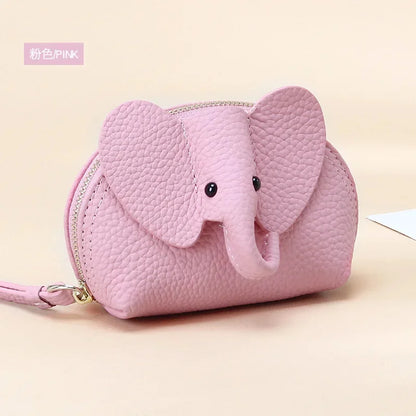 Candy Color Coin Purse Genuine Leather Women Shell Wallet with Keychain Zipper Ladies Clutch Coins Change Bag Elephant Pattern