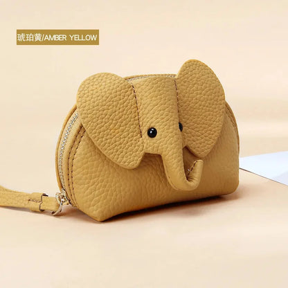 Candy Color Coin Purse Genuine Leather Women Shell Wallet with Keychain Zipper Ladies Clutch Coins Change Bag Elephant Pattern