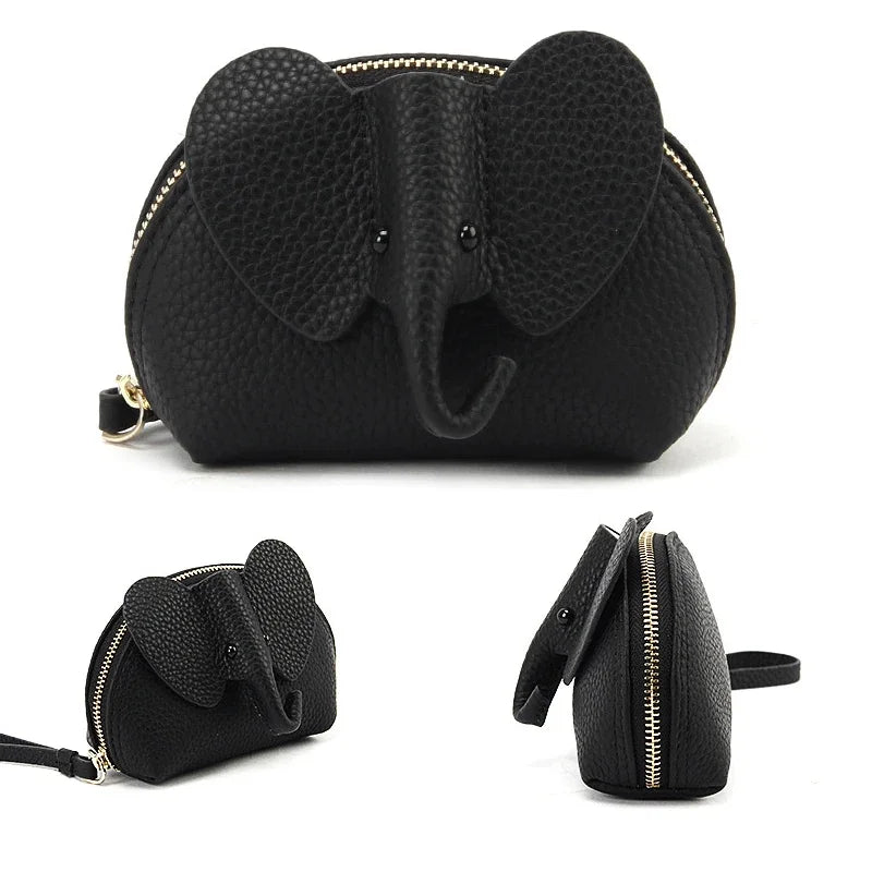 Candy Color Coin Purse Genuine Leather Women Shell Wallet with Keychain Zipper Ladies Clutch Coins Change Bag Elephant Pattern