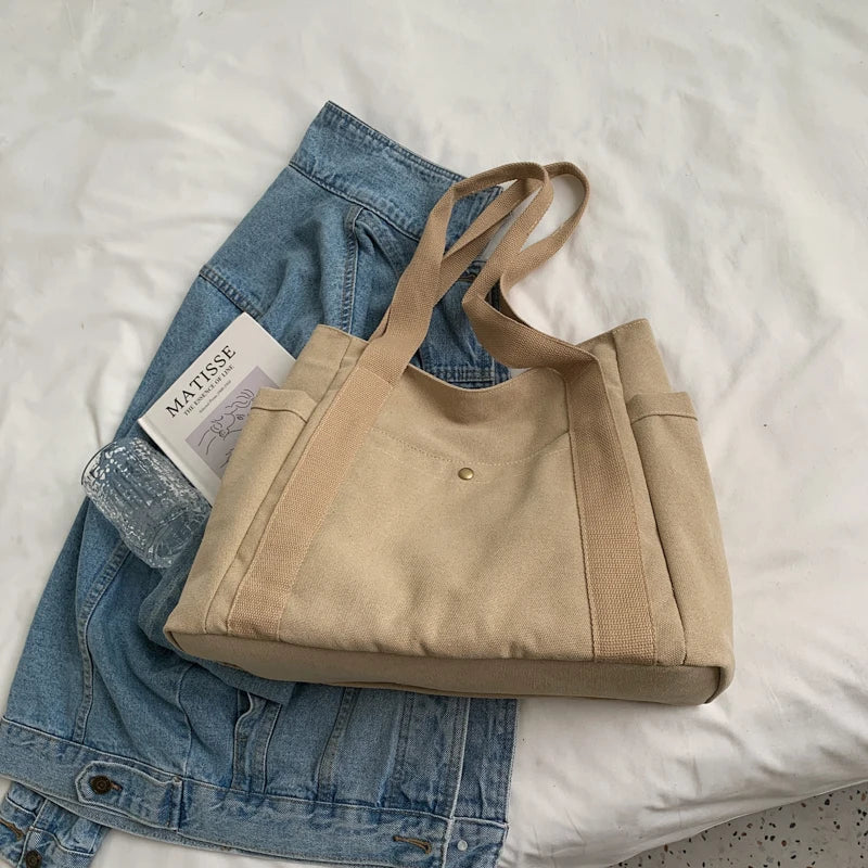 Canvas Bag High Quality Reusable Shopping Shoulder Bag Women Simple Casual Daily Use Handbag Totes Female Portable Folding Purse