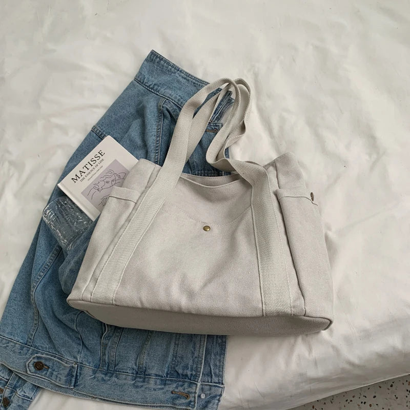 Canvas Bag High Quality Reusable Shopping Shoulder Bag Women Simple Casual Daily Use Handbag Totes Female Portable Folding Purse