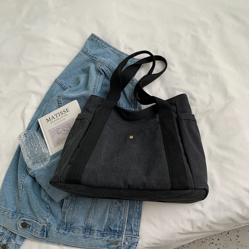 Canvas Bag High Quality Reusable Shopping Shoulder Bag Women Simple Casual Daily Use Handbag Totes Female Portable Folding Purse