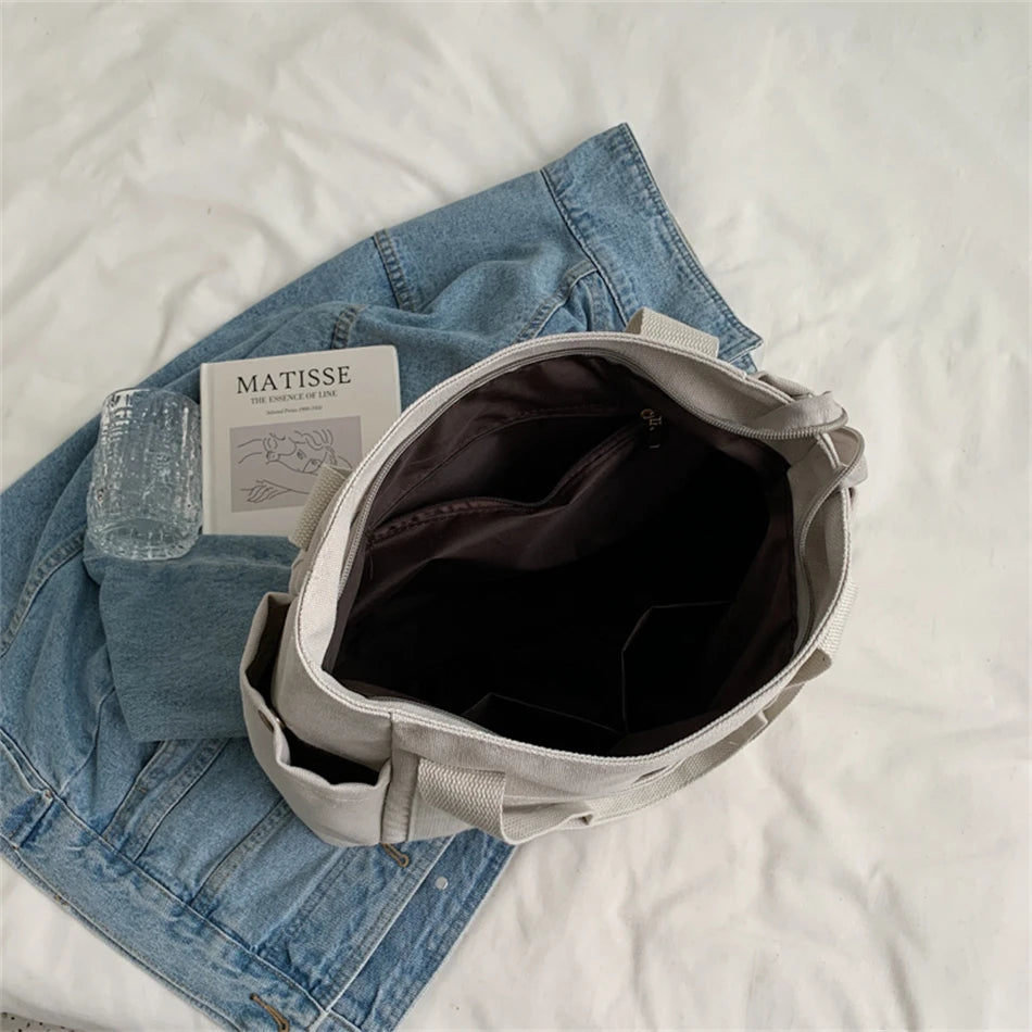 Canvas Bag High Quality Reusable Shopping Shoulder Bag Women Simple Casual Daily Use Handbag Totes Female Portable Folding Purse