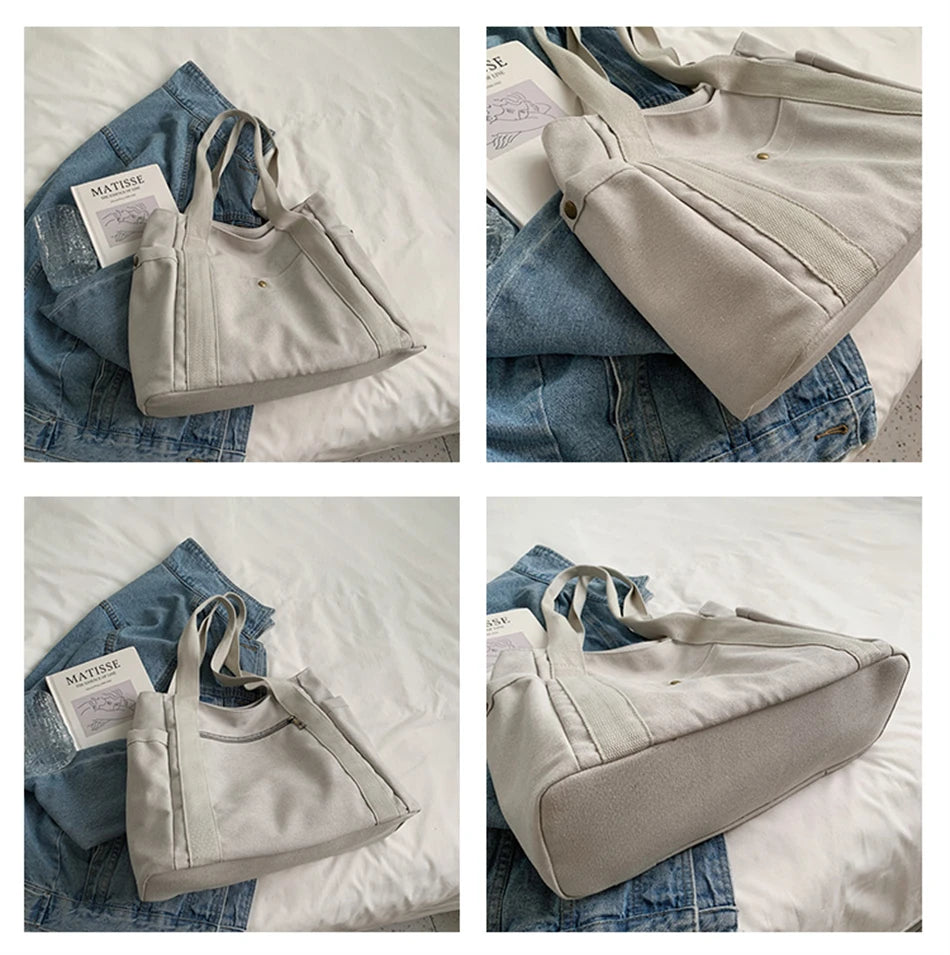 Canvas Bag High Quality Reusable Shopping Shoulder Bag Women Simple Casual Daily Use Handbag Totes Female Portable Folding Purse