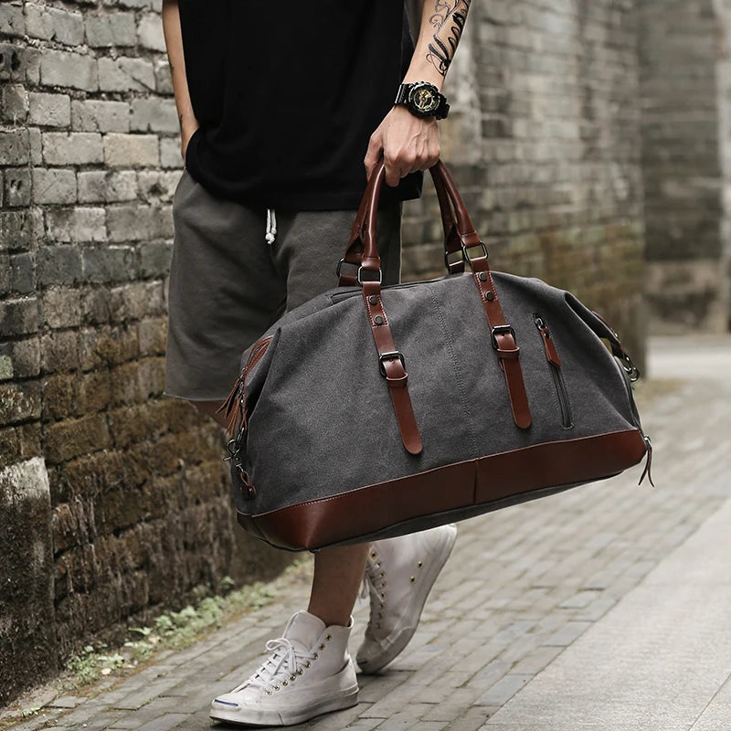 Canvas Leather Men Large Capacity Travel Bag Luggage Travel Duffle Bags Canvas Weekend Shoulder Bags Multifunction Vintage