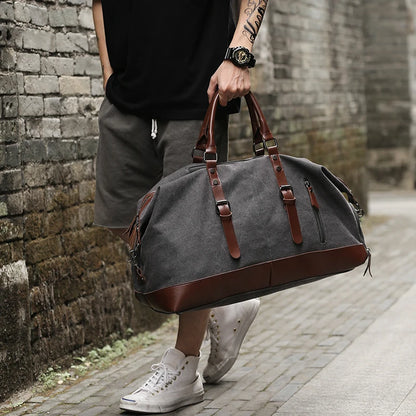 Canvas Leather Men Large Capacity Travel Bag Luggage Travel Duffle Bags Canvas Weekend Shoulder Bags Multifunction Vintage