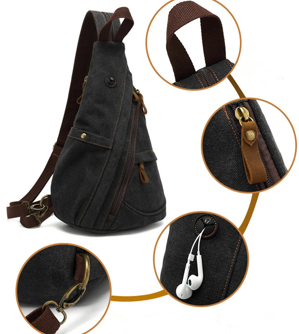 Canvas Sling Chest Bags With Earphone Port  Men's Cross-Body Causal Messenger Day Pack Male Women's Shoulder Satchel Backpack