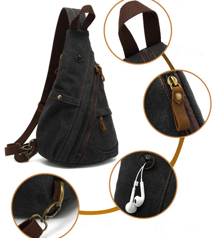 Canvas Sling Chest Bags With Earphone Port  Men's Cross-Body Causal Messenger Day Pack Male Women's Shoulder Satchel Backpack