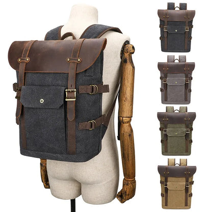 Canvas backpack, fashionable men's 15.6-inch laptop bag, outdoor student school bag, retro Crazy Horse backpack,mochila de lona