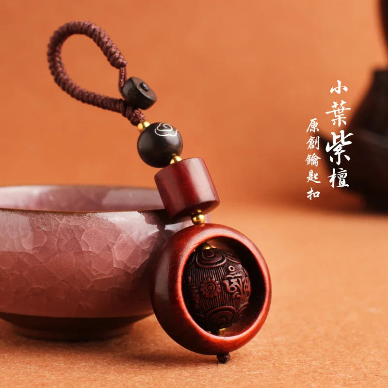 Car Keychain with Rotating Bead Wheel, Red Sandalwood Carved Rope, Creative Pendant, New Fashion Accessories