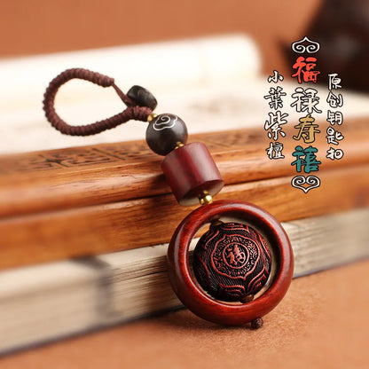 Car Keychain with Rotating Bead Wheel, Red Sandalwood Carved Rope, Creative Pendant, New Fashion Accessories