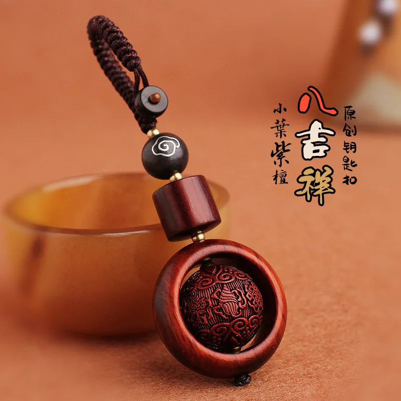Car Keychain with Rotating Bead Wheel, Red Sandalwood Carved Rope, Creative Pendant, New Fashion Accessories