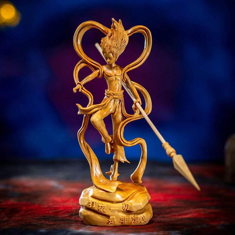 Cartoon Character Nezha Wood Carving Legend Nezha Sculpture Furnishing Boxwood Carved Solid Wood Home Decoration Crafts