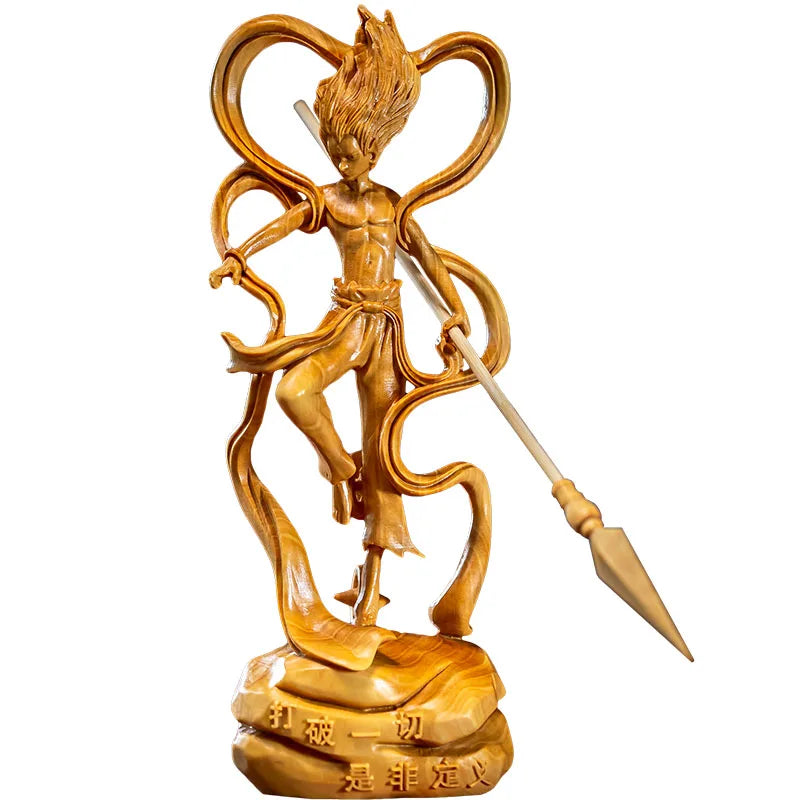Cartoon Character Nezha Wood Carving Legend Nezha Sculpture Furnishing Boxwood Carved Solid Wood Home Decoration Crafts
