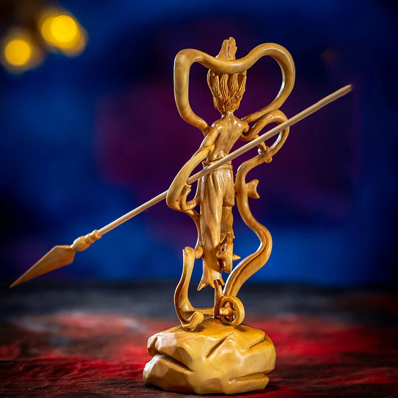 Cartoon Character Nezha Wood Carving Legend Nezha Sculpture Furnishing Boxwood Carved Solid Wood Home Decoration Crafts