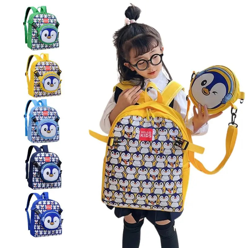 Cartoon Penguin Children's Kindergarten Bookbags, Backpack for Kids with Removable Shoulder Bag,pencil Case,Outgoing Storage Bag