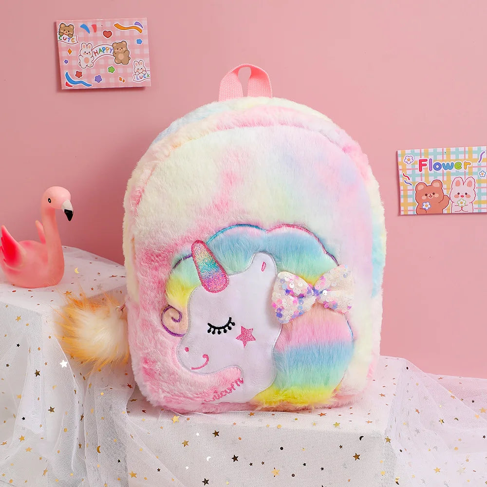 Cartoon Plush Backpack Unicorn Tie-dye Cute Children's Schoolbag Kindergarten Girls' Schoolbag Plush Backpack for Girls