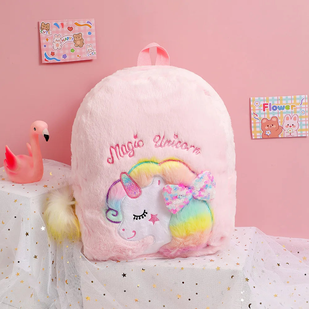 Cartoon Plush Backpack Unicorn Tie-dye Cute Children's Schoolbag Kindergarten Girls' Schoolbag Plush Backpack for Girls