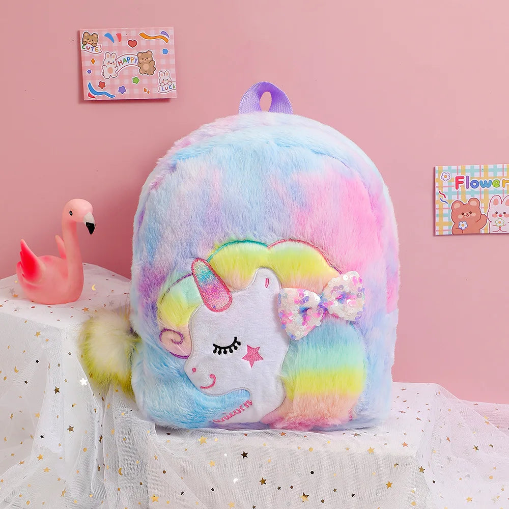 Cartoon Plush Backpack Unicorn Tie-dye Cute Children's Schoolbag Kindergarten Girls' Schoolbag Plush Backpack for Girls