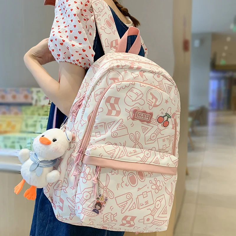 Cartoon Print Female Laptop College Packet Girl Travel Harajuku Book Backpack Lady Kawaii Graffiti Bags Fashion Women SchoolBag