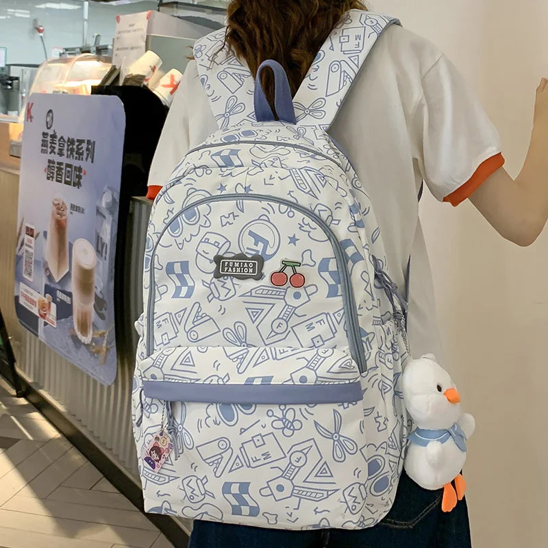 Cartoon Print Female Laptop College Packet Girl Travel Harajuku Book Backpack Lady Kawaii Graffiti Bags Fashion Women SchoolBag