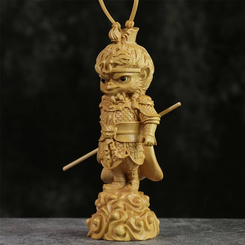 Cartoon Sun Wukong Sculpture 19CM Boxwood lucky buddha Statue Cute Monkey King Winning Buddha Home Decor Statues For Decoration