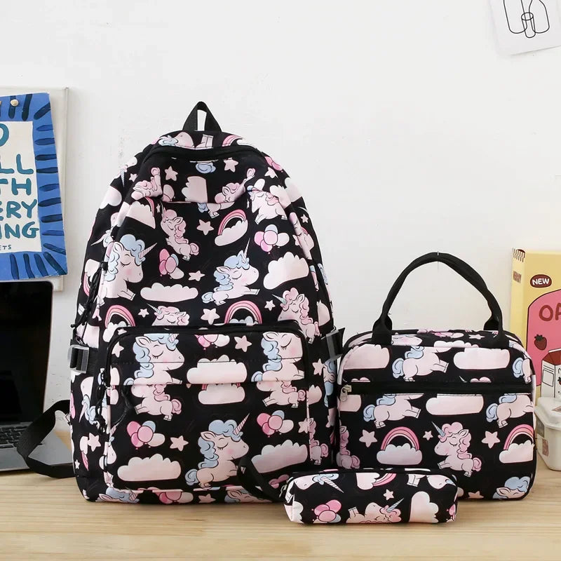 Cartoon Unicorn Backpack Set Waterproof Primary and Secondary Schoolbag Three-piece Set Girls Backpack Lunch Bag Pencil Bag