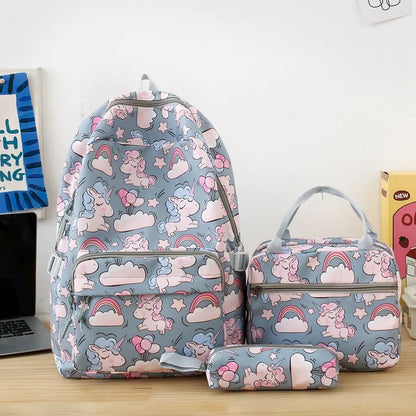 Cartoon Unicorn Backpack Set Waterproof Primary and Secondary Schoolbag Three-piece Set Girls Backpack Lunch Bag Pencil Bag