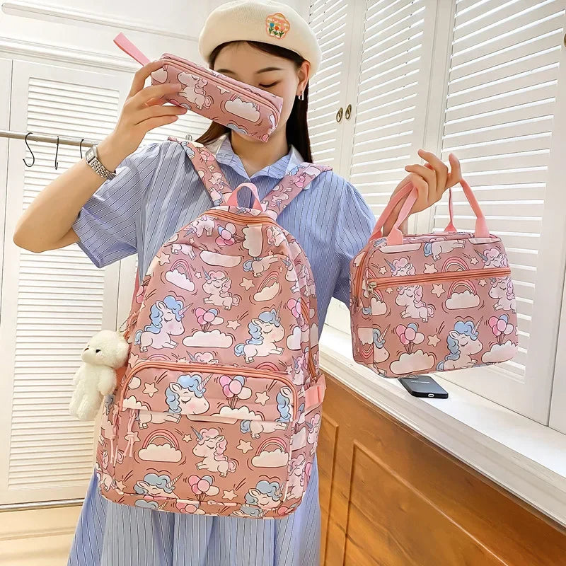 Cartoon Unicorn Backpack Set Waterproof Primary and Secondary Schoolbag Three-piece Set Girls Backpack Lunch Bag Pencil Bag