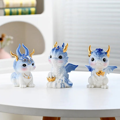 Cartoon Zodiac God Beast Dragon Figurine ，Ceramic Art Sculpture ，Chinese Mascot Home Room Office Feng Shui Statue