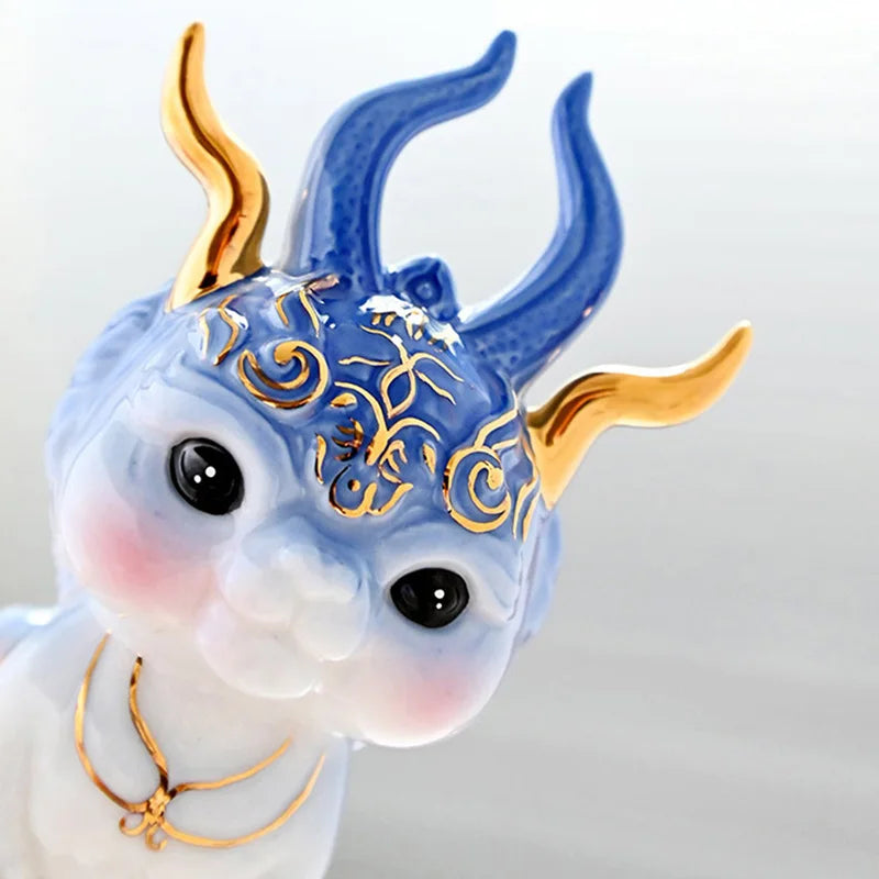 Cartoon Zodiac God Beast Dragon Figurine ，Ceramic Art Sculpture ，Chinese Mascot Home Room Office Feng Shui Statue