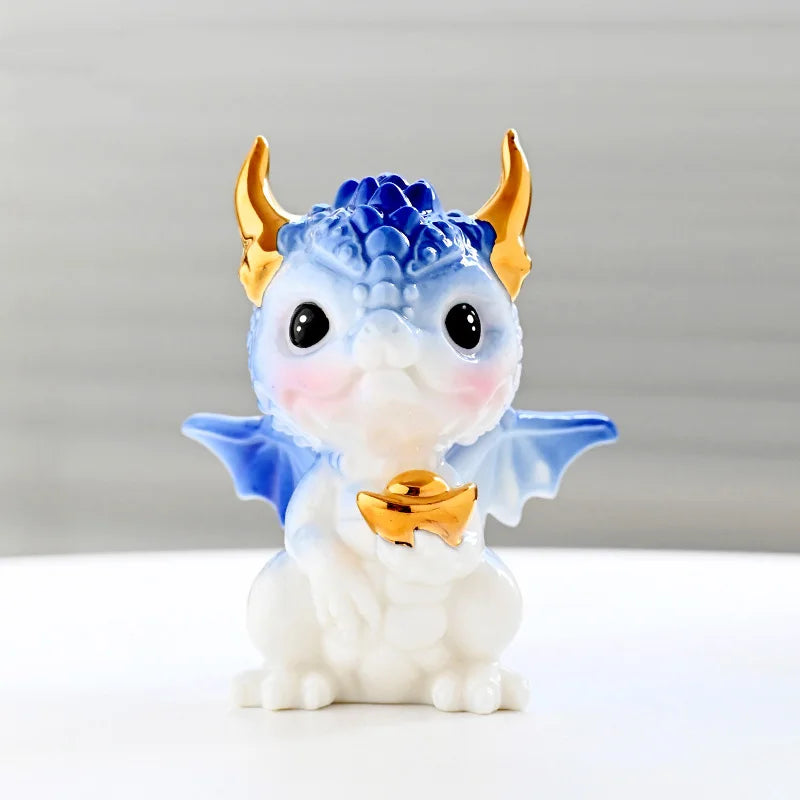 Cartoon Zodiac God Beast Dragon Figurine ，Ceramic Art Sculpture ，Chinese Mascot Home Room Office Feng Shui Statue