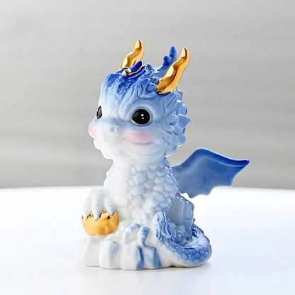 Cartoon Zodiac God Beast Dragon Figurine ，Ceramic Art Sculpture ，Chinese Mascot Home Room Office Feng Shui Statue