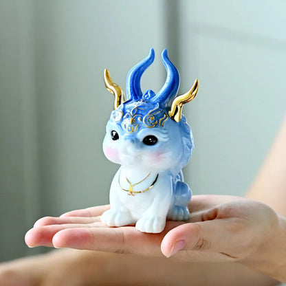 Cartoon Zodiac God Beast Dragon Figurine ，Ceramic Art Sculpture ，Chinese Mascot Home Room Office Feng Shui Statue