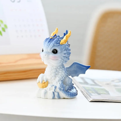 Cartoon Zodiac God Beast Dragon Figurine ，Ceramic Art Sculpture ，Chinese Mascot Home Room Office Feng Shui Statue