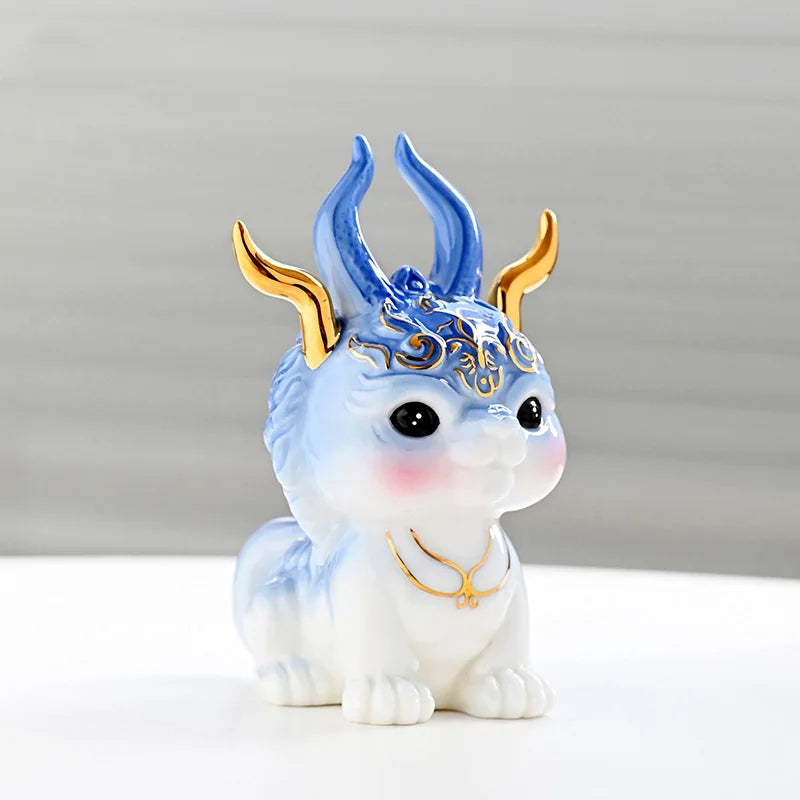 Cartoon Zodiac God Beast Dragon Figurine ，Ceramic Art Sculpture ，Chinese Mascot Home Room Office Feng Shui Statue