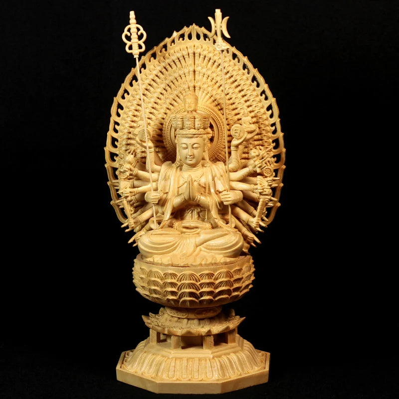 Carved Buddha Statue Thousand Arms Guanyin Statue Solid Goddess Wood Feng Shui Statues Wooden Statue for Decorations 28CM