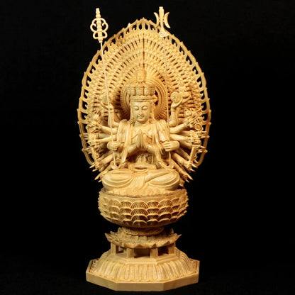 Carved Buddha Statue Thousand Arms Guanyin Statue Solid Goddess Wood Feng Shui Statues Wooden Statue for Decorations 28CM