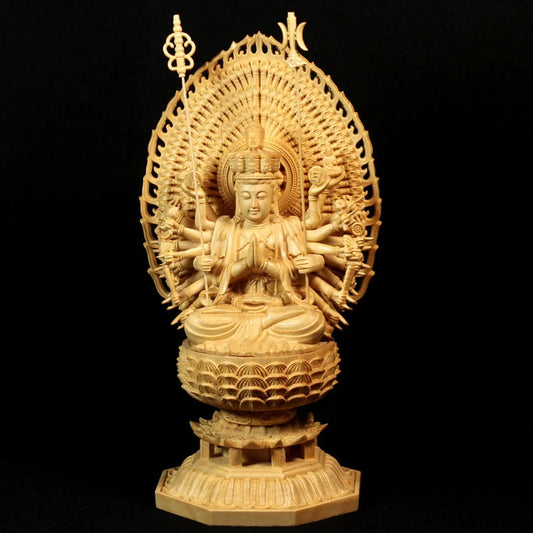 Carved Buddha Statue Thousand Arms Guanyin Statue Solid Goddess Wood Feng Shui Statues Wooden Statue for Decorations 28CM