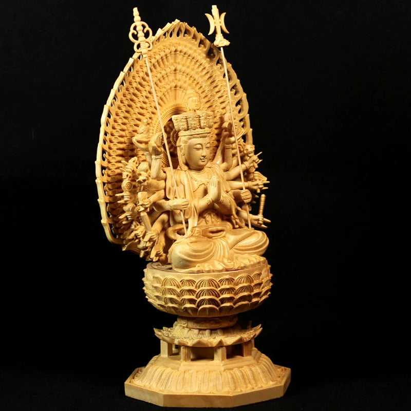 Carved Buddha Statue Thousand Arms Guanyin Statue Solid Goddess Wood Feng Shui Statues Wooden Statue for Decorations 28CM