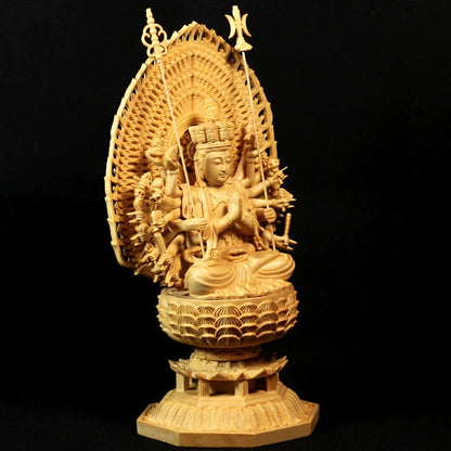Carved Buddha Statue Thousand Arms Guanyin Statue Solid Goddess Wood Feng Shui Statues Wooden Statue for Decorations 28CM