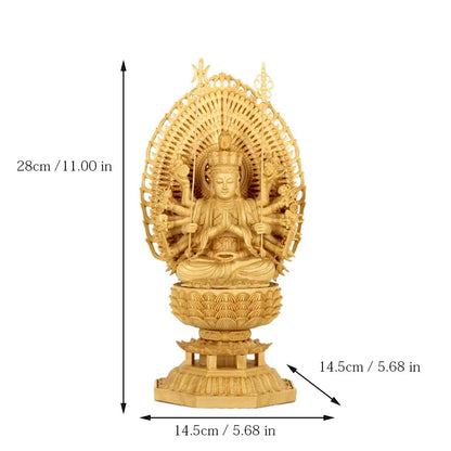 Carved Buddha Statue Thousand Arms Guanyin Statue Solid Goddess Wood Feng Shui Statues Wooden Statue for Decorations 28CM