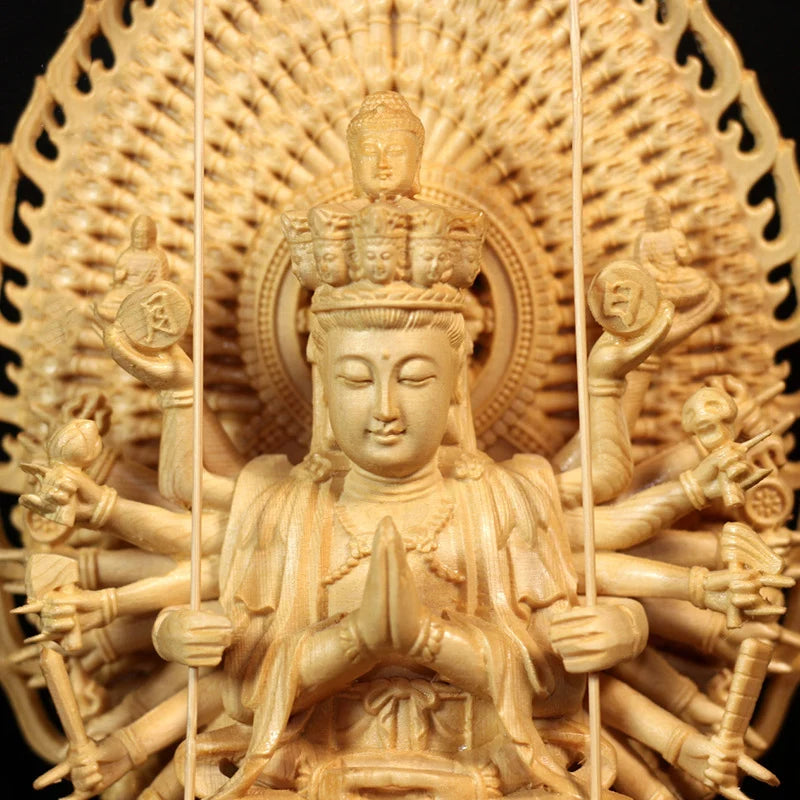 Carved Buddha Statue Thousand Arms Guanyin Statue Solid Goddess Wood Feng Shui Statues Wooden Statue for Decorations 28CM