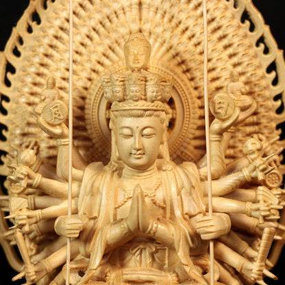Carved Buddha Statue Thousand Arms Guanyin Statue Solid Goddess Wood Feng Shui Statues Wooden Statue for Decorations 28CM