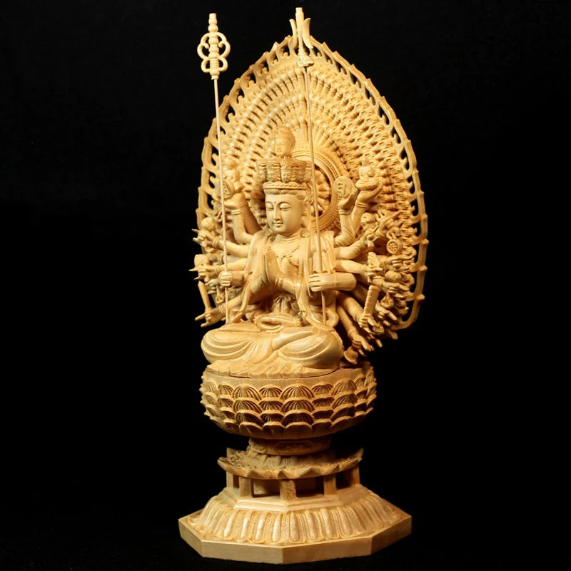 Carved Buddha Statue Thousand Arms Guanyin Statue Solid Goddess Wood Feng Shui Statues Wooden Statue for Decorations 28CM