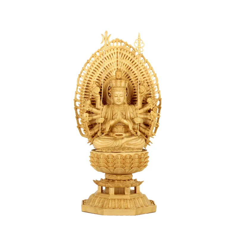 Carved Buddha Statue Thousand Arms Guanyin Statue Solid Goddess Wood Feng Shui Statues Wooden Statue for Decorations 28CM