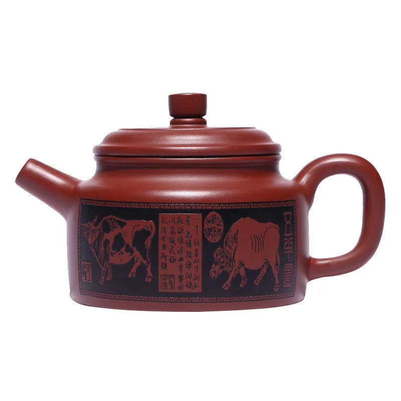 Carved Five Cow  Bell Zisha Teapot, Yixing Handmade Pot, Kung-Fu Teaware, Purple Clay, Drinkware for Puer,Christmas Gift