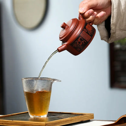 Carved Five Cow  Bell Zisha Teapot, Yixing Handmade Pot, Kung-Fu Teaware, Purple Clay, Drinkware for Puer,Christmas Gift