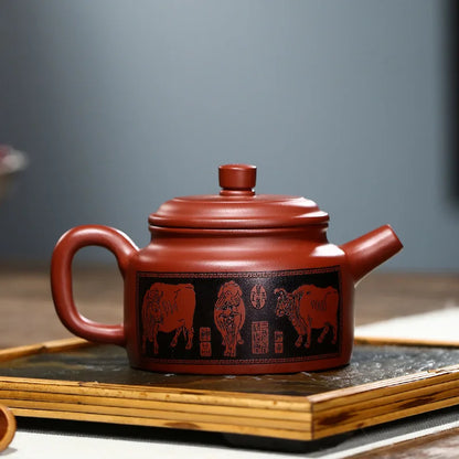 Carved Five Cow  Bell Zisha Teapot, Yixing Handmade Pot, Kung-Fu Teaware, Purple Clay, Drinkware for Puer,Christmas Gift